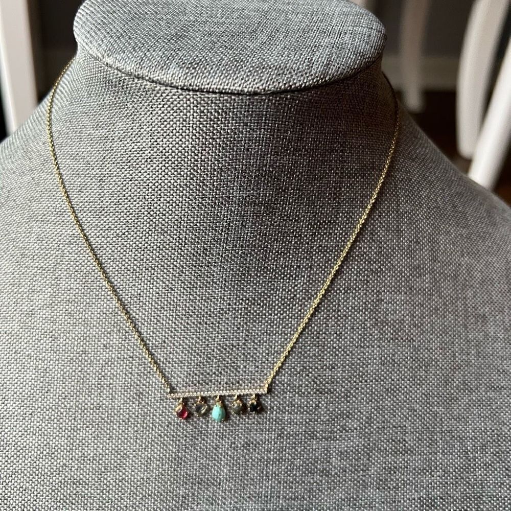 Multicolor gem rhinestone studded bar necklace on gold tone chain
